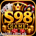 S98 Game app icon featuring golden “S98” text, crown symbol, playing cards, poker chips, and dice on a dark red background with a premium 3D design.
